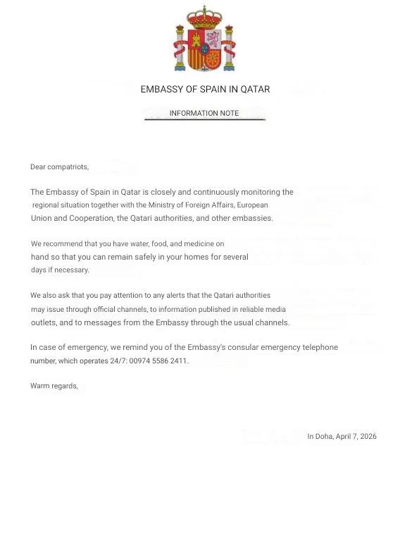 Spain's embassy in Qatar calls on citizens to have "water, food, and medicine on hand so that you can remain safely in your homes for several days if necessary"

instagram.com/p/DW1jDsJjFSd