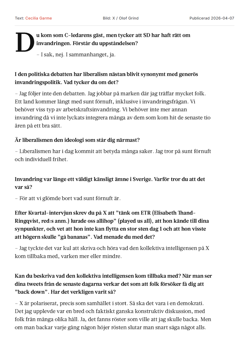 FredrikHjelm4's tweet photo. @CeciliaGarme :

"You came as the Centre Party leader's guest, but think that SD has been right about immigration. Do you understand the commotion?"

Me:

"On the substance, no. In the context, yes." https://t.co/cSBsFmyaqy