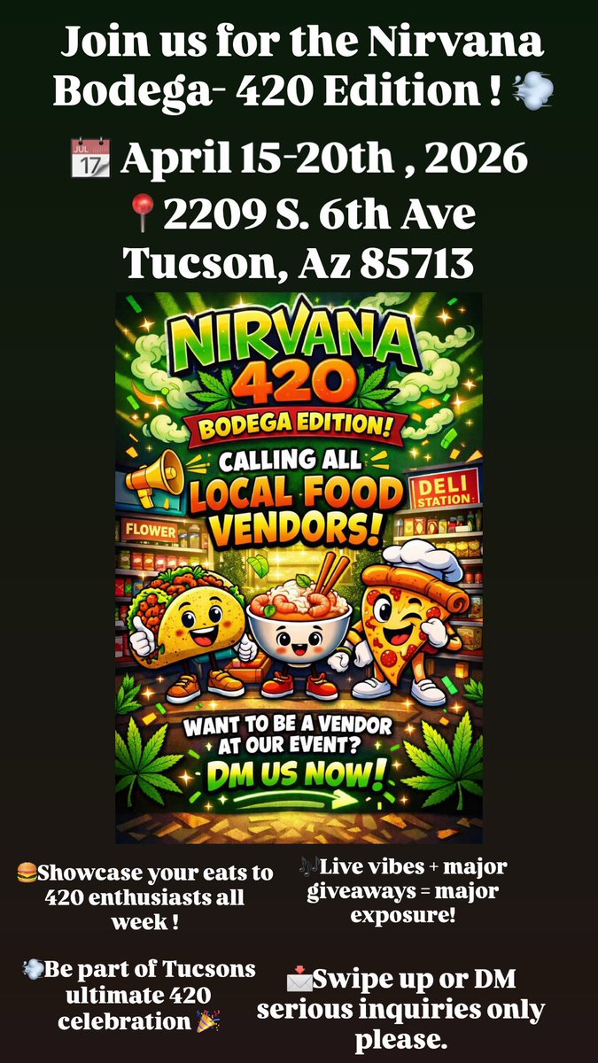 #Tucson we are looking for vendors for 420 if you are a vendor or know someone please send me a DM , come be apart of the culture 💨

#tucson #event #vendors #culture #southsidetucson