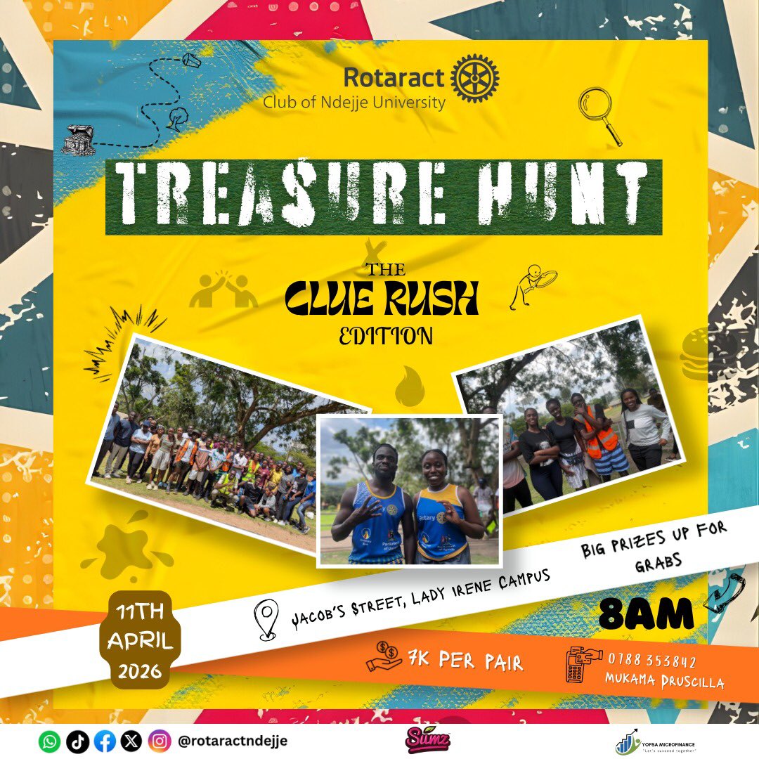 🗺️✨ Ready… Set… HUNT! ✨🗺️

Adventure is calling and the clues are waiting! 🔍🔥
Join us for the TREASURE HUNT: The Clue Rush Edition — where speed meets strategy, and every clue gets you closer to BIG prizes! 

Grab your partner, bring your A-game! 
#RotaractNdejje