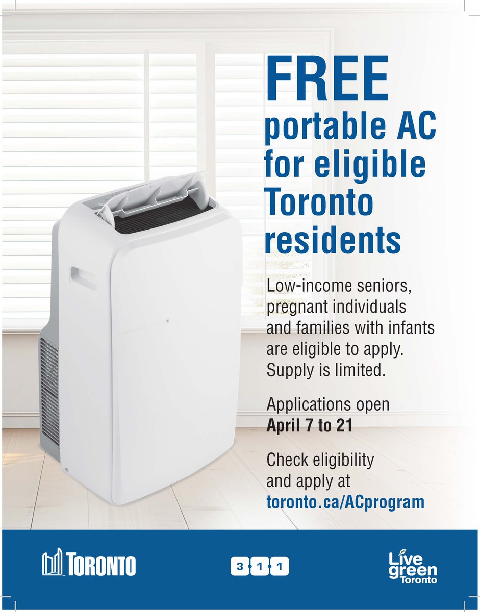 acelawyers's tweet image. Know a senior who might need help staying cool?
Please share this information.
Low-income seniors can apply for a free air conditioner through the City of Toronto AC Program.

🗓 Deadline: April 21
👉toronto.ca/community-peop… 
#ExtremeHeat #CommunityCare #TorontoSeniors