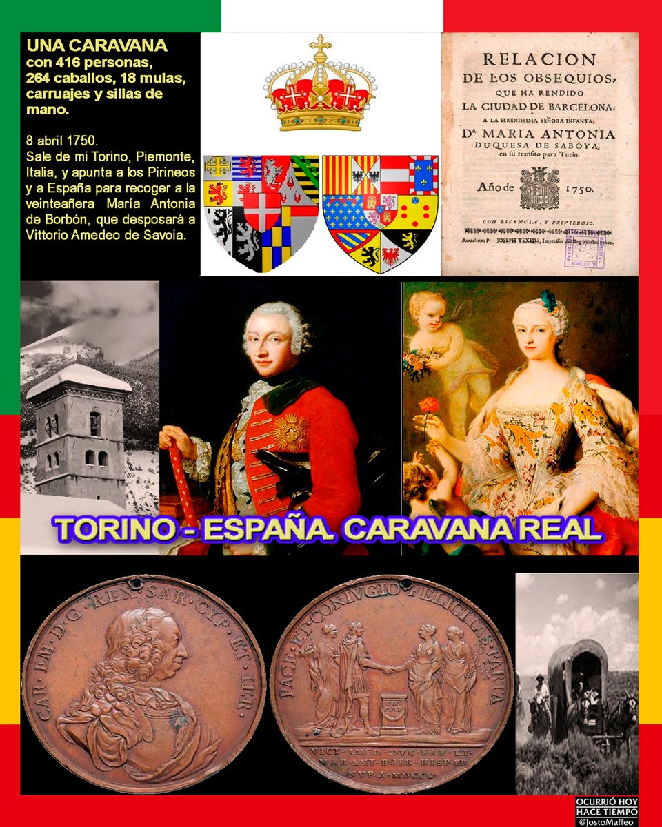 JostoMaffeo's tweet image. 👑 CARAVANA REAL: 416 personas, 264 caballos, 18 mulas, carruajes y sillas de mano. 

8 Abril 1750. 
Sale de mi #Torino, #Piemonte #Italia 🇮🇹, y apunta a los Pirineos y a #España 🇪🇸 para recoger a la veinteañera María Antonia de Borbón, que desposará a Vittorio Amedeo di #Savoia.