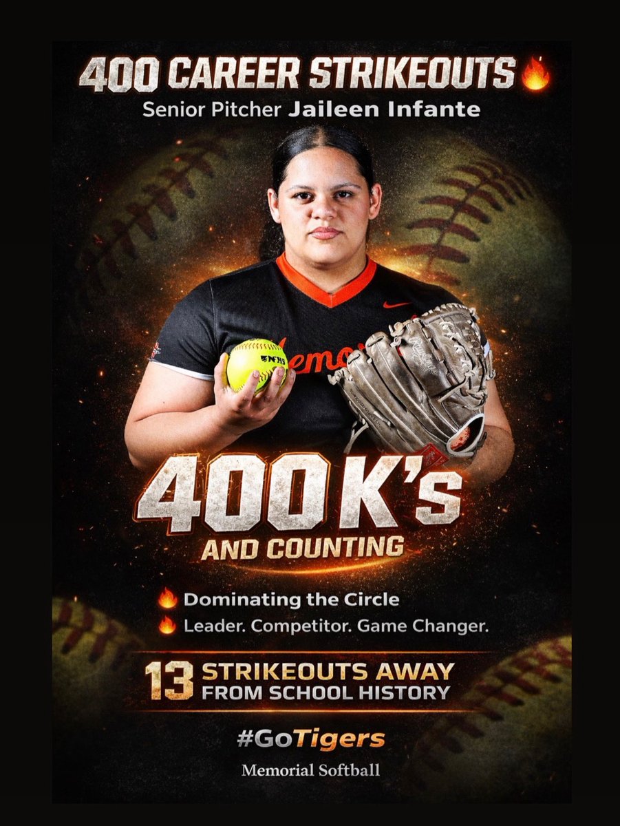 CoachOcello's tweet photo. 400 and still climbing ⬆️🔥
Senior Ace Jaileen Infante just hit an incredible milestone — 400 career strikeouts.

She now sits just 13 K’s away from breaking the school record 👀

History is coming… and she’s not done yet. 💪🥎 https://t.co/yGcuaq4mps