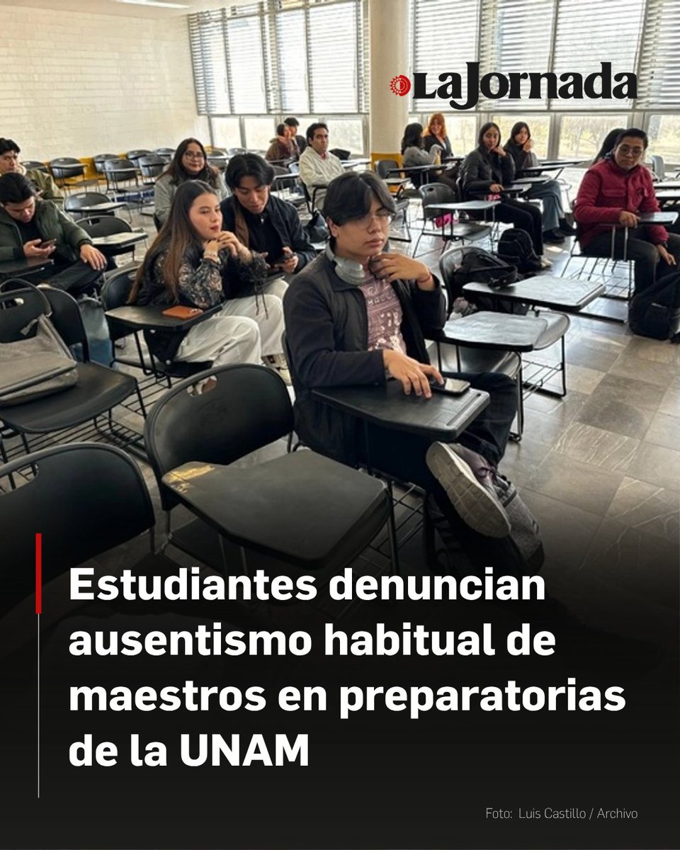 lajornadaonline's tweet photo. Testimonios de alumnos de la Escuela Nacional Preparatoria (ENP) y del Colegio de Ciencias y Humanidades (CCH) de la UNAM revelan que aproximadamente el 25% de la planta docente del bachillerato falta al menos una vez a la semana o llega con retrasos superiores a la tolerancia de 15 minutos.

Según los cálculos elaborados a partir de entrevistas en diversos planteles, como la Prepa 5 y el CCH Sur, alrededor de mil 370 maestros presentan inasistencias recurrentes, frecuentemente justificadas por citas médicas o imprevistos de última hora.

Los adolescentes denuncian que, en muchas ocasiones, los profesores se presentan solo para pasar lista tras media hora de retraso, reduciendo drásticamente el tiempo efectivo de enseñanza.

Más información en: https://t.co/JRwJvfPVld