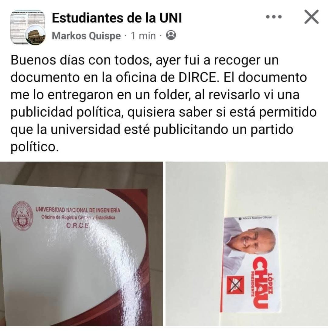 Señores del <a href="/JNE_Peru/">JNE Perú</a> , la candidata N° 32 a diputados por el partido Ahora Nación, Madai Arellano, o gente allegada a ella, está entregando propaganda dentro del campus de la Universidad Nacional de Ingeniería.

Por favor, tomen cartas en el asunto 🙏
facebook.com/share/p/18URNp…