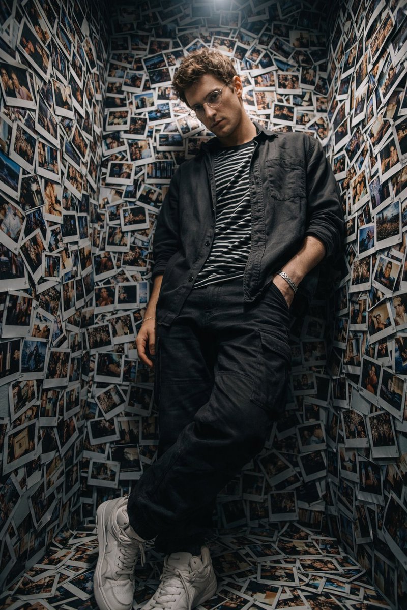 Memories everywhere, peace nowhere.

Prompt: 
ultra-realistic cinematic portrait scene, low-angle wide shot, 9:16 vertical aspect ratio, a person leaning casually against a wall inside a room completely covered from floor to ceiling with scattered overlapping polaroid