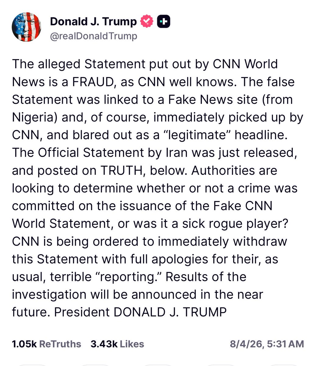sirajnoorani's tweet image. US President #Trump lashes out at CNN

"The CNN World News statement is a fraud, as CNN well knows. This false statement was linked to a fake news site (from #Nigeria), and, of course, #CNN immediately seized on it and ran it as a "true" headline.
3/3