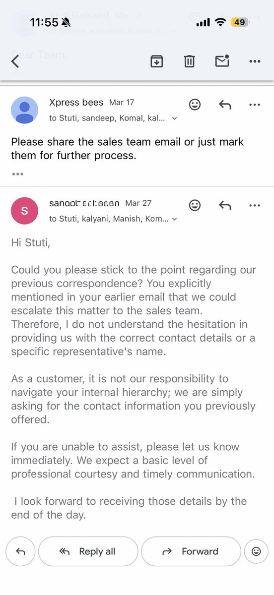 KoalSage's tweet photo. @XpressBees_IN @919satish @XpressBees_IN if you have no control over products, refunds, or claims, why did your team keep stalling and asking for time to investigate? Why was I told to contact the sales team, yet no details were shared and there’s been no response since? Attaching email proof. https://t.co/kCrCZmwCrG