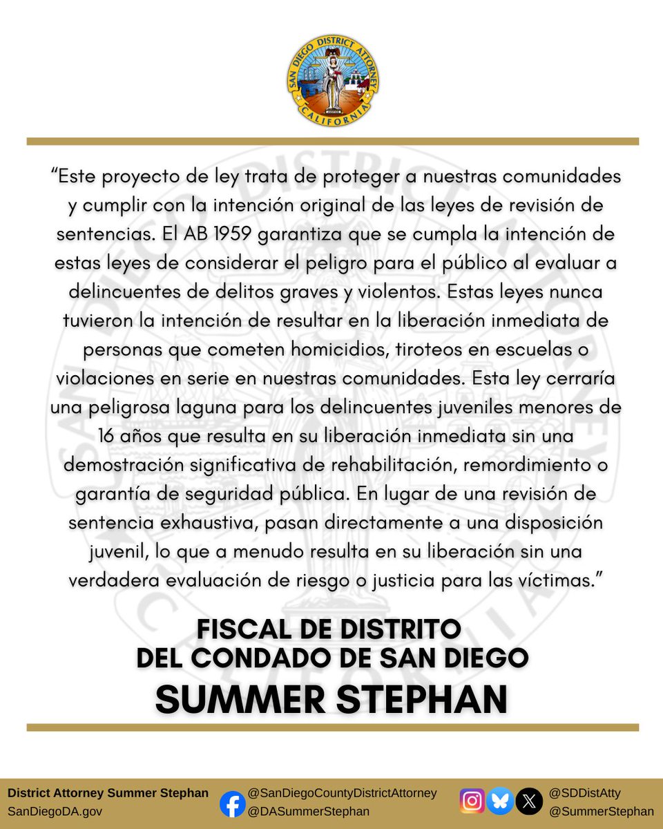SDDistAtty's tweet photo. Fiscal de Distrito @SummerStephan Testifica en Apoyo del #AB1959 de @AsmDarshana Para Cerrar Una Peligrosa Laguna Legal en la Revisión de Sentencias, Expuesta por el Caso del Tirador de la Preparatoria Santana: https://t.co/2lbI7Yq3Db https://t.co/KX7QVcIrEU