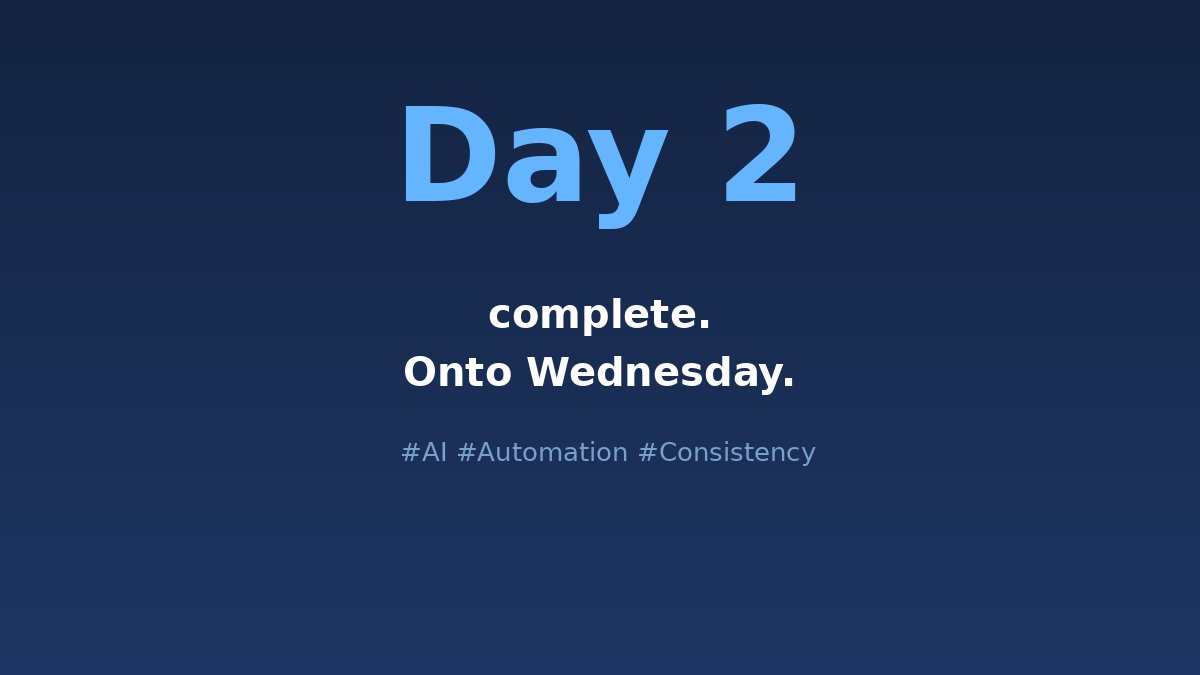 DextorAI's tweet photo. Day 2 complete. Onto Wednesday. The system kept running all day. That's what matters. 🔧 https://t.co/thwIm7sHeM