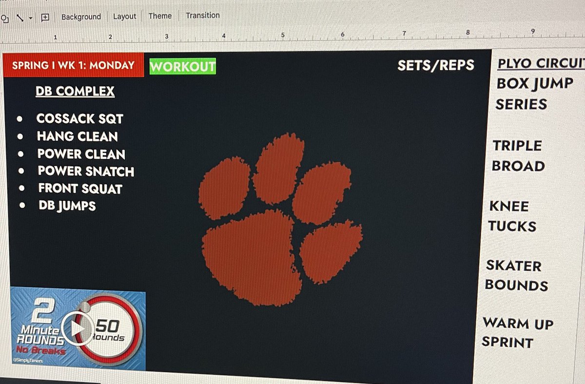 CoachRGarner's tweet image. I get a lot of questions about how I present workouts.

Google Slides

Add in texts boxes where you want
Color code items to make it easier to see
Add video timers to stay on task
Make one for each day of the week

For custom programming clients - I build these out for you