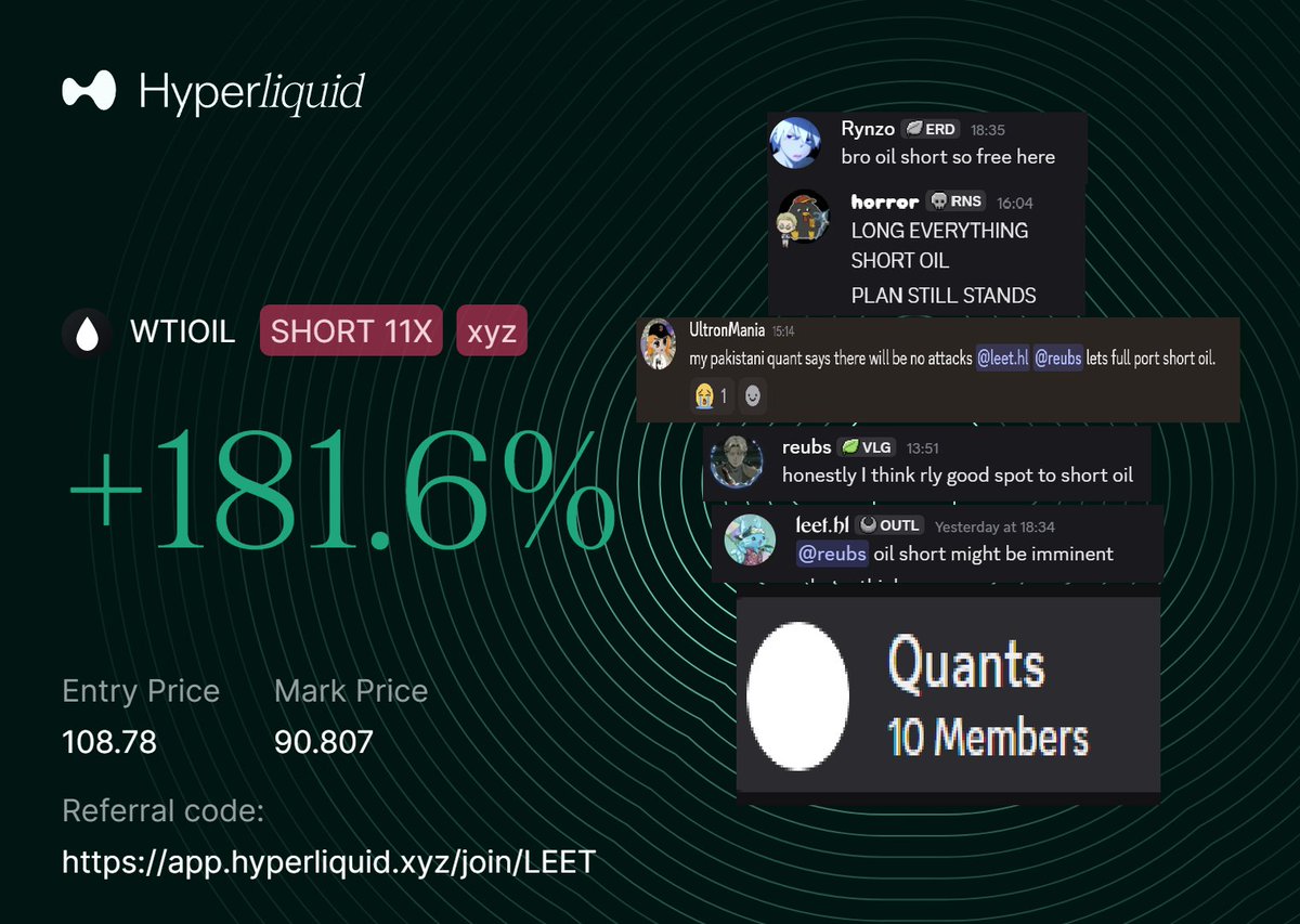 PSA: Quants group chat just made generational wealth after predicting the oil short with FULL conviction

Members include none other than <a href="/rynzoeth/">rynzo</a> <a href="/horrorosrs/">horror</a> <a href="/UltronMania4290/">UltronMania</a> and <a href="/0xreubs/">reuben</a> 

Thanks for playing