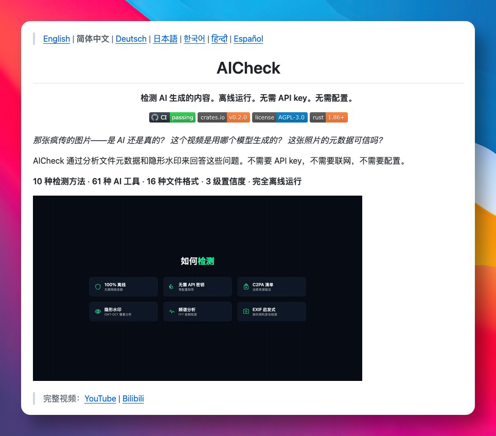 GitHub_Daily's tweet image. 现在越来越多 AI 生成的图片、视频在网上流传，想判断一张图到底是不是 AI 做的，光靠肉眼已很难分辨真假。

在 GitHub 上找到 AICheck 这个工具，完全离线运行，一条命令就能分析文件是否由 AI 生成，不需要联网，也不用注册什么 API。

通过分析文件里的元数据和隐形水印来判断，能识别 61 种 AI