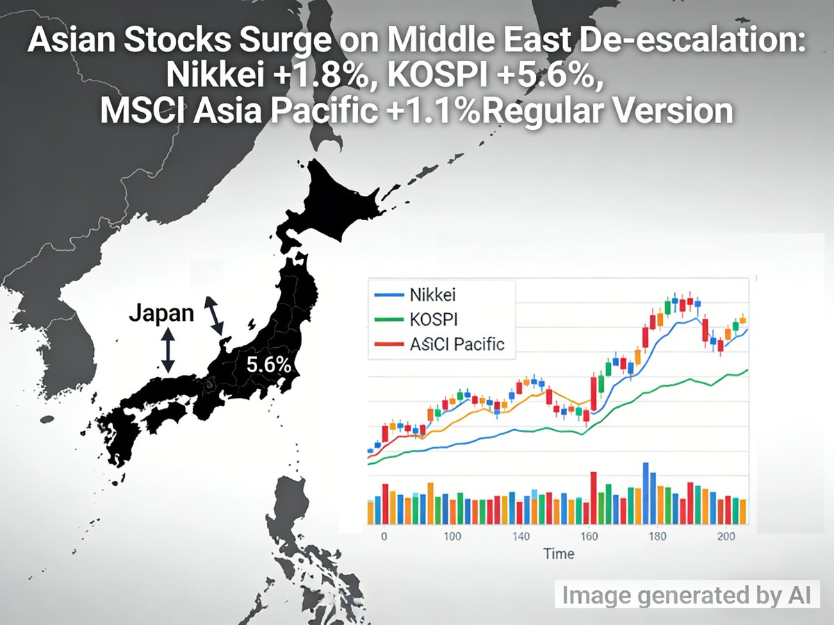 WindInfoUS's tweet image. Asian markets rally on ceasefire news.
Nikkei 225 opens +1.8%.
KOSPI opens +5.6%.
MSCI Asia Pacific rises 1.1% to 239.46.
#StockNews #MarketWatch