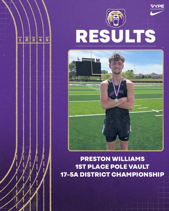 MHSBearBoysTF's tweet photo. Pole vaulting Preston adds another district championship for the Bears and has qualified for the area meet! #buildingchampions https://t.co/mxEcOrkCvB