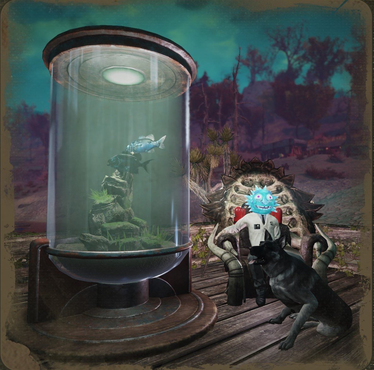 Love the new fish tank in #fallout76 I do wish I could put my Axolotl's in it. But my pet could stop looking at it. And don't mind Rick from Rick and Morty just relaxing enjoying the wasteland. <a href="/Fallout/">Fallout</a>