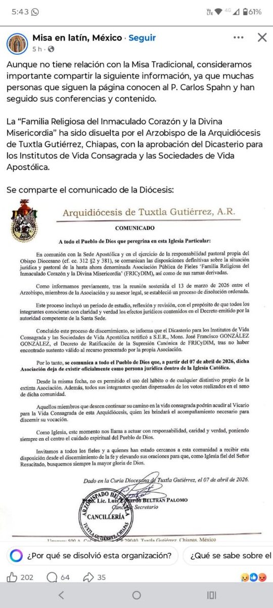 La “Familia Religiosa del Inmaculado Corazón y la Divina Misericordia” P. Carlos Spahn ha sido disuelta por el Arzobispo de la Arquidiócesis de Tuxtla Gutiérrez, Chiapas, con la aprobación del Dicasterio para los Institutos de Vida Consagrada y las Sociedades de Vida Apostólica.