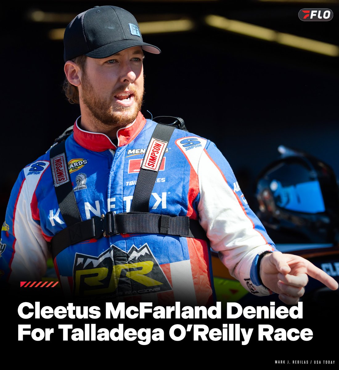 FloRacing's tweet image. Garrett Mitchell, better known as "Cleetus McFarland," has not been approved by #NASCAR to make a start in the @NASCAROReillyAP at Talladega this month following his 32nd-place finish in his debut at Rockingham last weekend.