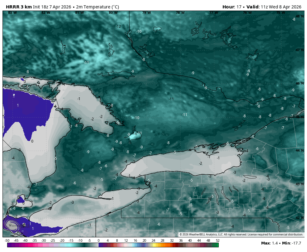 WxOntario1's tweet image. Another frigid night ahead across Southern #Ontario 🥶 

Temps will bottom out between -5C and -10C

Windchill values will make it feel closer to -15C across some areas

*Note- Average low this time of year is around -1C *

This appears to be the last (🤞) sub -5C night of the