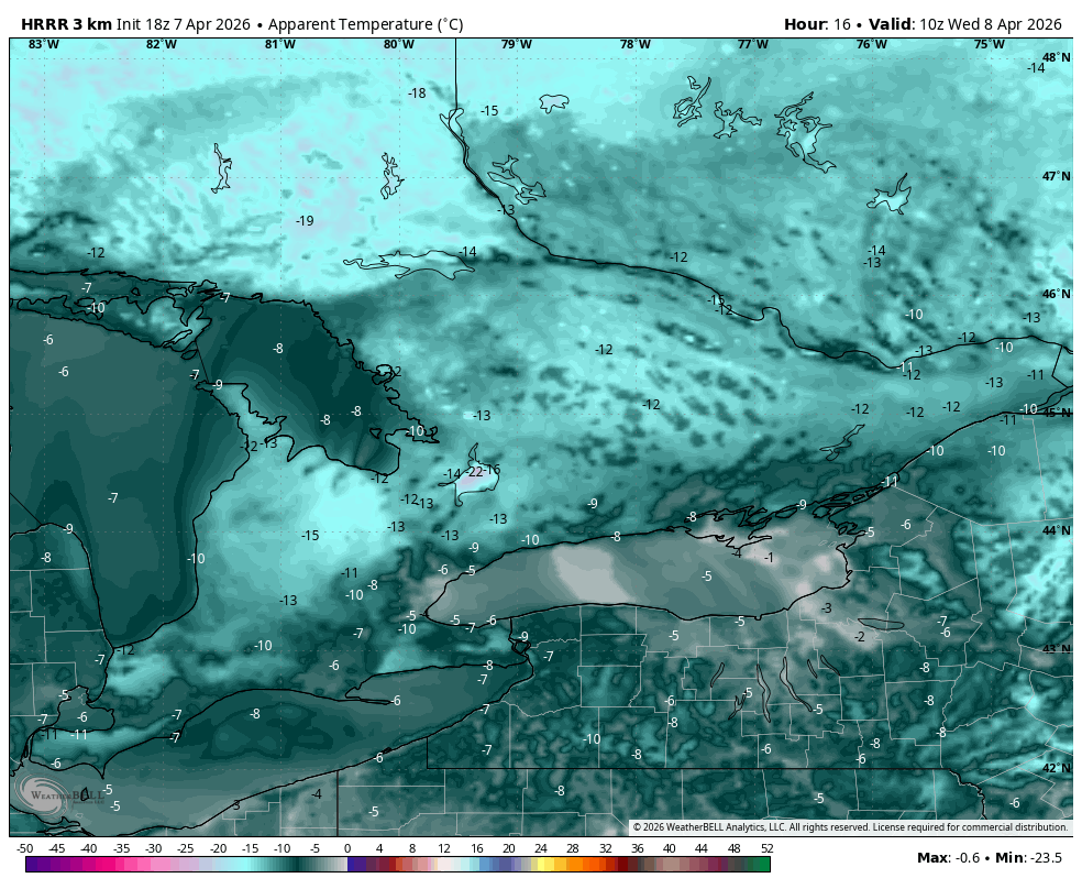 WxOntario1's tweet image. Another frigid night ahead across Southern #Ontario 🥶 

Temps will bottom out between -5C and -10C

Windchill values will make it feel closer to -15C across some areas

*Note- Average low this time of year is around -1C *

This appears to be the last (🤞) sub -5C night of the