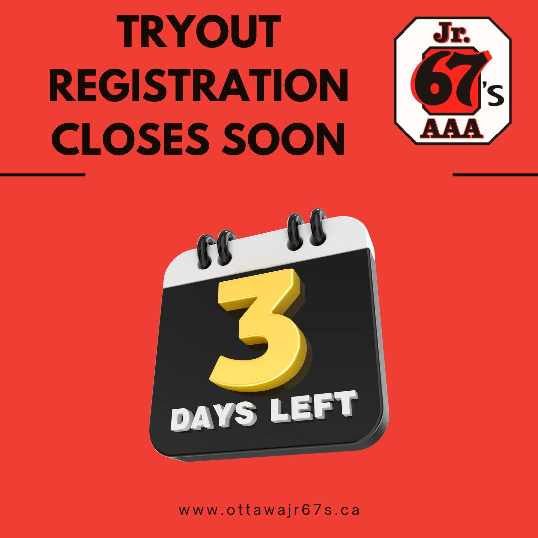 LAST CALL!  Registration for U12 to U16 tryouts for the upcoming 2026-27 season closes on April 10th.  Visit ottawajr67s.ca to register.  #Jr67sAAA | #Jr67sStrong | <a href="/heoaaaleague/">HEO 'AAA' Hockey League</a>