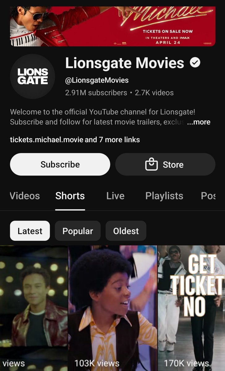 MJJSpotify2015's tweet image. . @Lionsgate has shown so much love for #MichaelMovie as their whole YouTube short page is constant Michael videos and also putting a link in their bio to get Michael tickets 🎟. Awesome stuff.  #MichaelJackson #KingOfPop