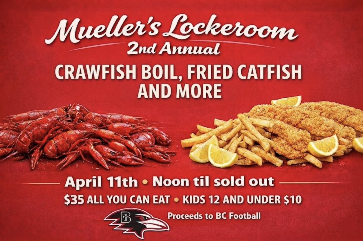 RavenFootballBC's tweet image. Spring Game ➔ Mueller’s Lockeroom.

Don’t miss the 2nd Annual Crawfish Boil starting at Noon! All-you-can-eat for $35, with proceeds benefiting BC Football. See you there!
