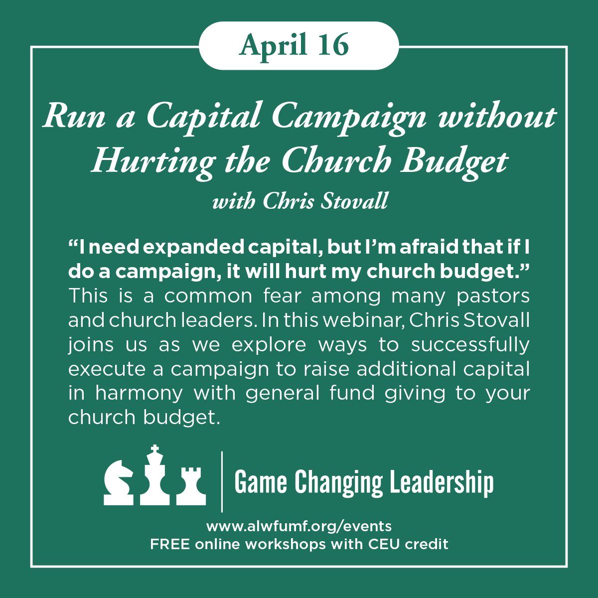 ALWFUMF's tweet photo. “I need expanded capital, but I’m afraid that if I do a campaign, it will hurt my church budget.” In this webinar, we will explore how to successfully execute a campaign to raise additional capital in harmony with general fund giving to your church budget. https://t.co/Qb4AMdrU3u https://t.co/xCL6mjrOBd