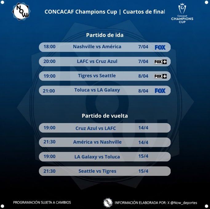 Horarios y transmisiones de CONCACAF Champions Cup | Cuartos de final ida

📅 7 &amp; 8 de abril 
→ Nashville vs América
→ LAFC vs Cruz Azul
→ Tigres vs Seattle
→ Toluca vs LA Galaxy

🔃 RT y nos pueden seguir para más contenido