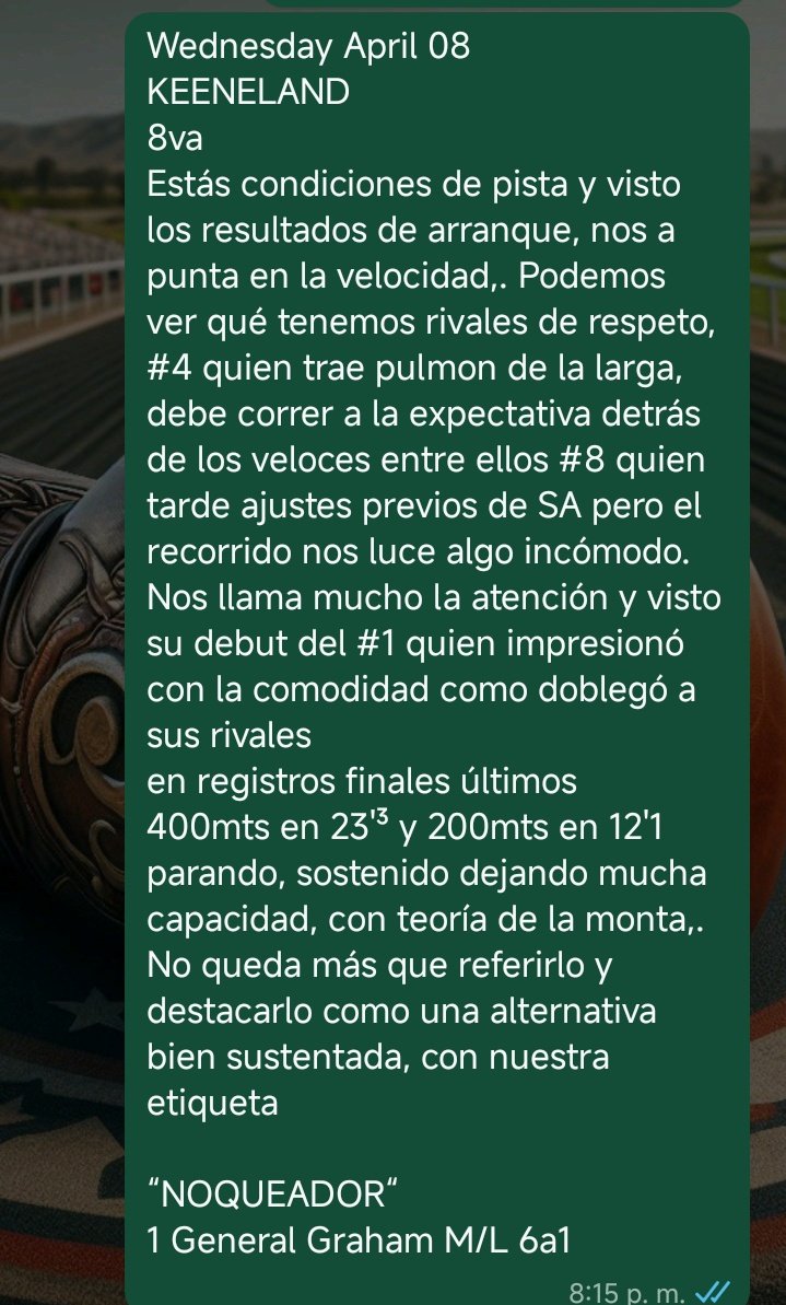 DerbyNoqueador's tweet photo. Un NOQUEADOR para 
#Keeneland 8va les hago el comentario para que lo tomen en cuenta, por nuestro seguimiento luce para decidir, está con M/L 6a1 buen dividendo y es una forma dé alertarles.
Agradecemos, puedas reenviar esta información.

Contacto:
https://t.co/dC0ZW4Q2Go https://t.co/qiEoeO45Om