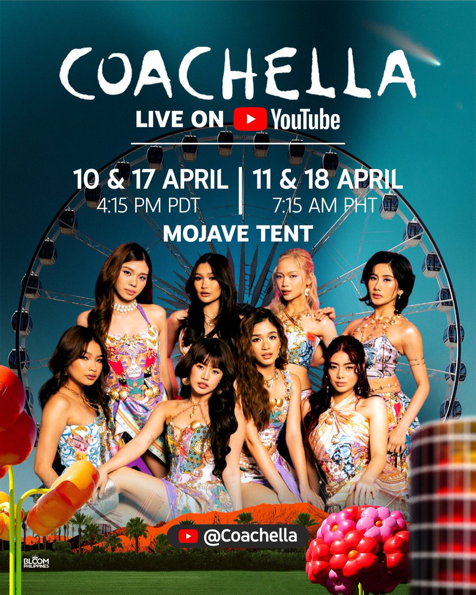 🚨 Free livestream alert! 🚨 

Subscribe to the Coachella YouTube channel now and tune in for their FREE livestream on April 10–12 and April 17–19!🌴

Don’t forget to click the notification bell so you won’t miss any of the livestream updates.🎡

BINI schedule:

🗓️: April 10,