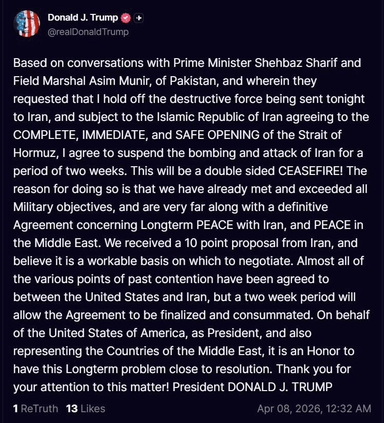 saudiexpat's tweet image. Trump: 
"I agree to suspend the bombing and attack of Iran for a period of two weeks. This will be a double sided ceasefire".