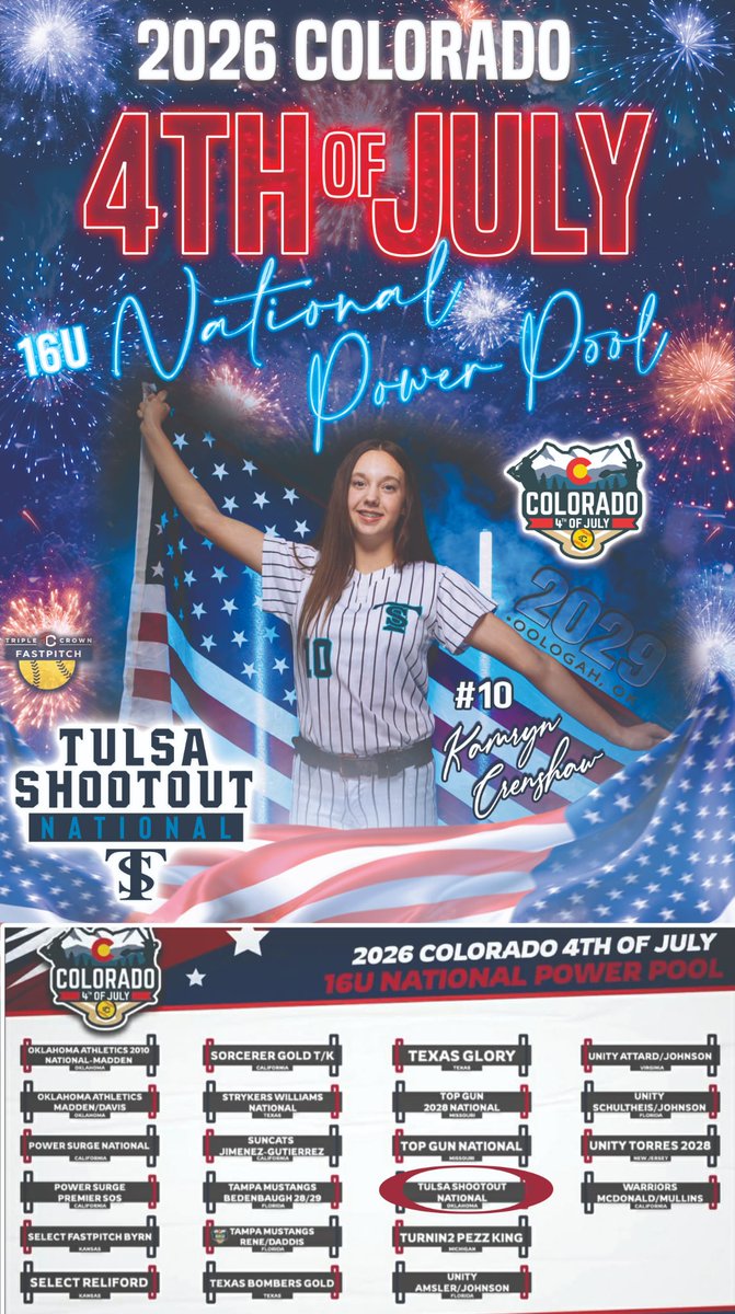 I'm so excited to announce that <a href="/2010shootout/">TULSA SHOOTOUT NATIONAL</a> has been selected to compete in the 16U National Power Pool at the 2026 Colorado Sparkler 💥🎆🧨

We are so grateful for the opportunity and ready for the challenge as we get to compete against the best teams across the nation! 💪🏼🥎💙