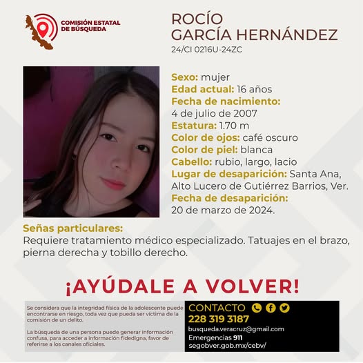 #SeBusca 🔎 | Se solicita de su ayuda para difundir la siguiente ficha de búsqueda. Se teme por la integridad de la C. Rocío García Hernández, quien desapareció en #AltoLucero, #Veracruz en marzo del 2024.

🔃Apoyas también compartiendo esta publicación🔃
#ChécaloEnAlCalor