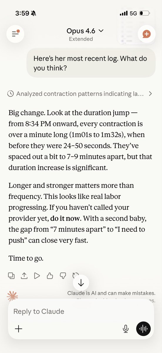 AlexFriedland's tweet photo. I’ve discovered a very important new medical benchmark for leading LLMs:

The “Is my wife about to have a baby” test. 

Pretty different reads by Opus 4.6 and GPT-5.4 thinking. 

Who was right? Winner below…. https://t.co/npgakkuKSz