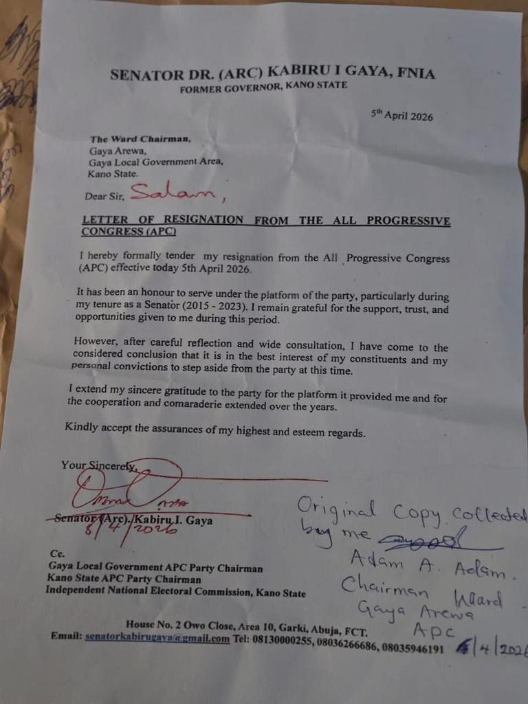 Update: Sen. Kabiru Gaya has dumped the APC for ADC.