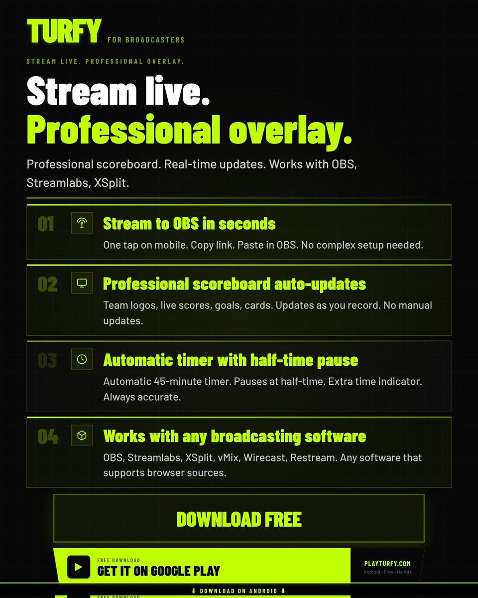 PlayTurfy's tweet photo. Real Madrid vs Bayern — millions watching tonight. 📺
Grassroots broadcasters — give your stream the same professional look. Live scoreboard, auto-updates, works with OBS. Free on Android.
https://t.co/ZpRhnnWE4N
#UCL #RealMadrid #FCBayern #ChampionsLeague
#Mbappe #Kane #Vinicius https://t.co/Z1ootPWluv