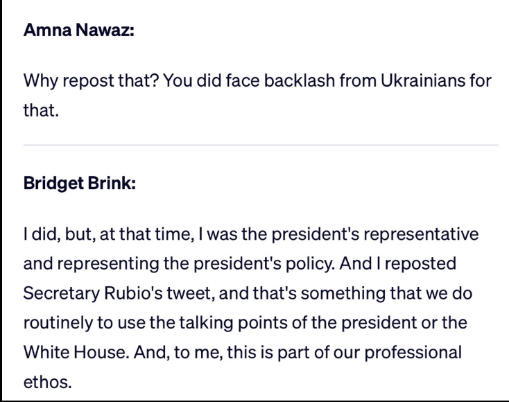 emgrundy's tweet photo. This is why people don’t trust politicians. Every decision comes down to what’s best for them at the time. 

When Trump ambushed and humiliated Zelenskyy in that disastrous Oval Office meeting last year, his Ambassador to Ukraine, Bridget Brink, cheered him on. 

She thanked him for 'standing up for America' like 'no President ever before.' All because it was best for her career.

Now, she’s rewriting history and using that moment to raise money for her campaign in #MI07. 

See for yourself: