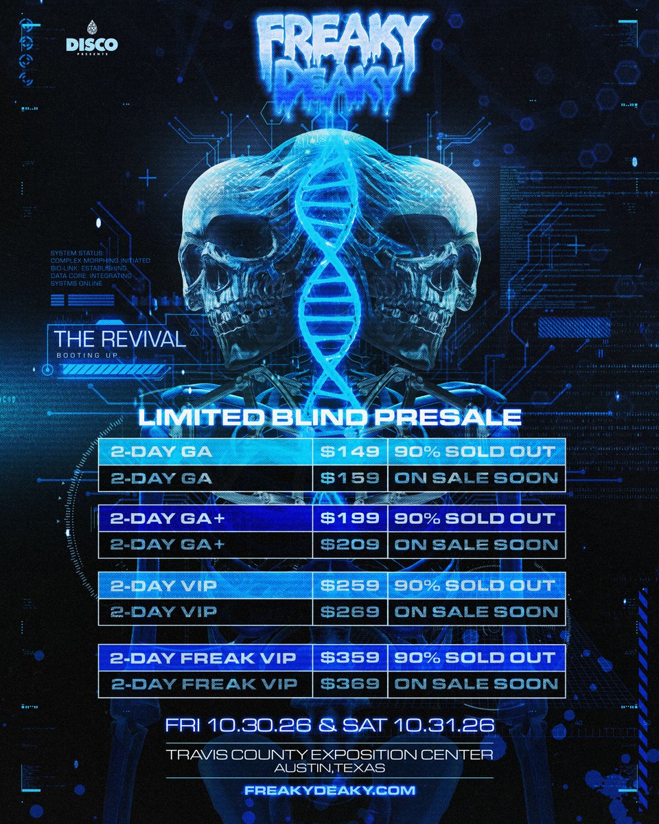 FreakyDeakyTX's tweet photo. Freaky Deaky 2026 Blind Presale is 90% claimed 🧬

Snag your 2-Day GA for $149 or creep in with the lowest deposit of $28 before it vanishes → https://t.co/60NQKCMoJ4 💀 https://t.co/CsmkyMObj7
