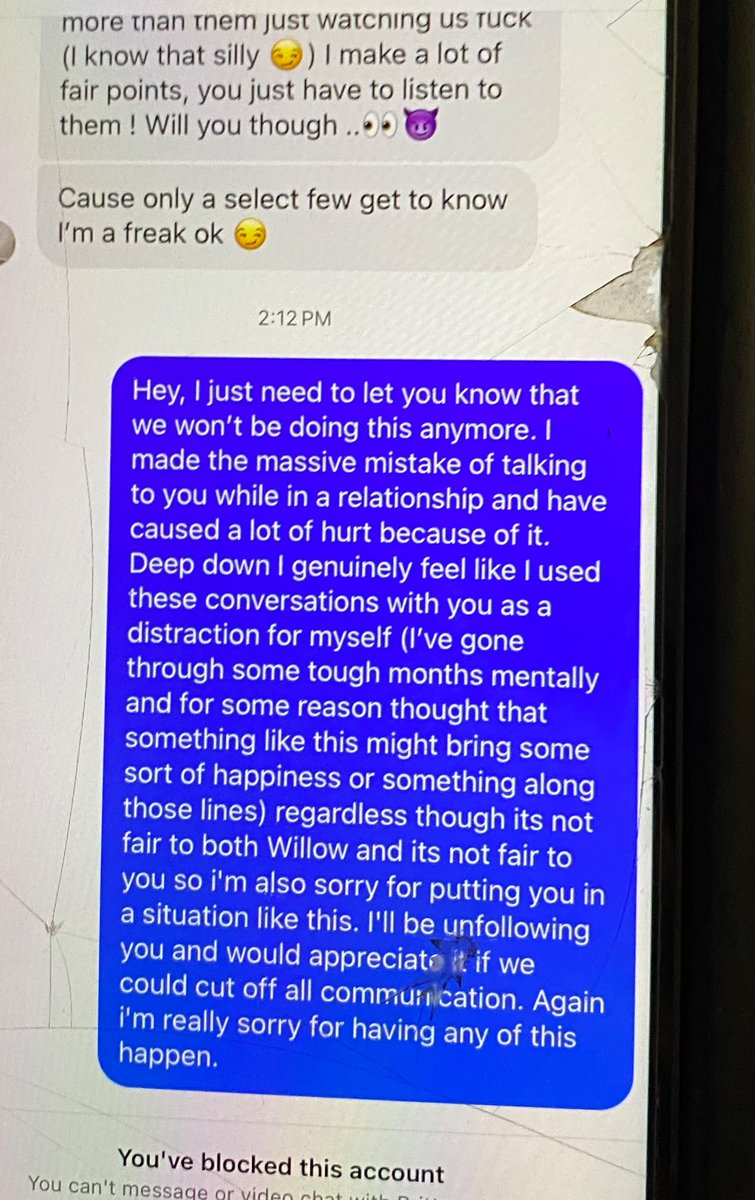 willohw's tweet photo. i feel like since not a lot of people i know irl are on here, i wanted to share the message that my ex sent to the girl he sexted while we were together because they're currently dating and i can't help but think do either of them have self respect 💀 https://t.co/mUpND3kNWx