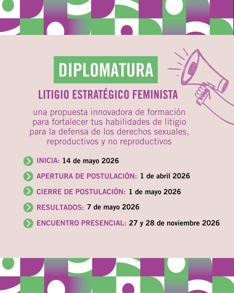 amnistiaar's tweet photo. ⚖️📚 INSCRIPCIONES ABIERTAS
Diplomatura en Litigio Estratégico Feminista

Herramientas para la promoción, protección y defensa de los derechos sexuales, reproductivos y no reproductivos

-Orientada a profesionales del Derecho
-Modalidad virtual
-Docentes expertas
-Herramientas para la incidencia real
-Certificación y pasantías
-Actividad arancelada con posibilidad de becas parciales

Postulaciones hasta el 1 de mayo de 2026
🔗 Formulario: https://t.co/CTZe6WmFfO