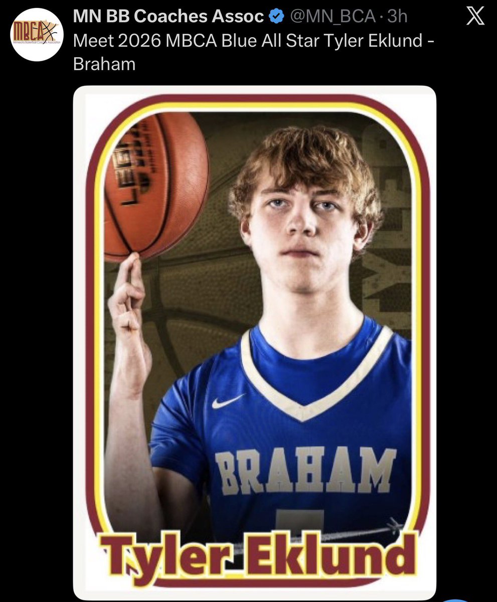 brahamboysBB's tweet photo. Congratulations to our very own Tyler Eklund on being selected to play in the 2026 Minnesota All Star Basketball Game!  The games will be held this Saturday (4/11) at Anoka Ramsey CC starting at 12:20.

We are excited to watch Tyler put on the #5 Braham jersey one more time! https://t.co/kNk5R2TSEB