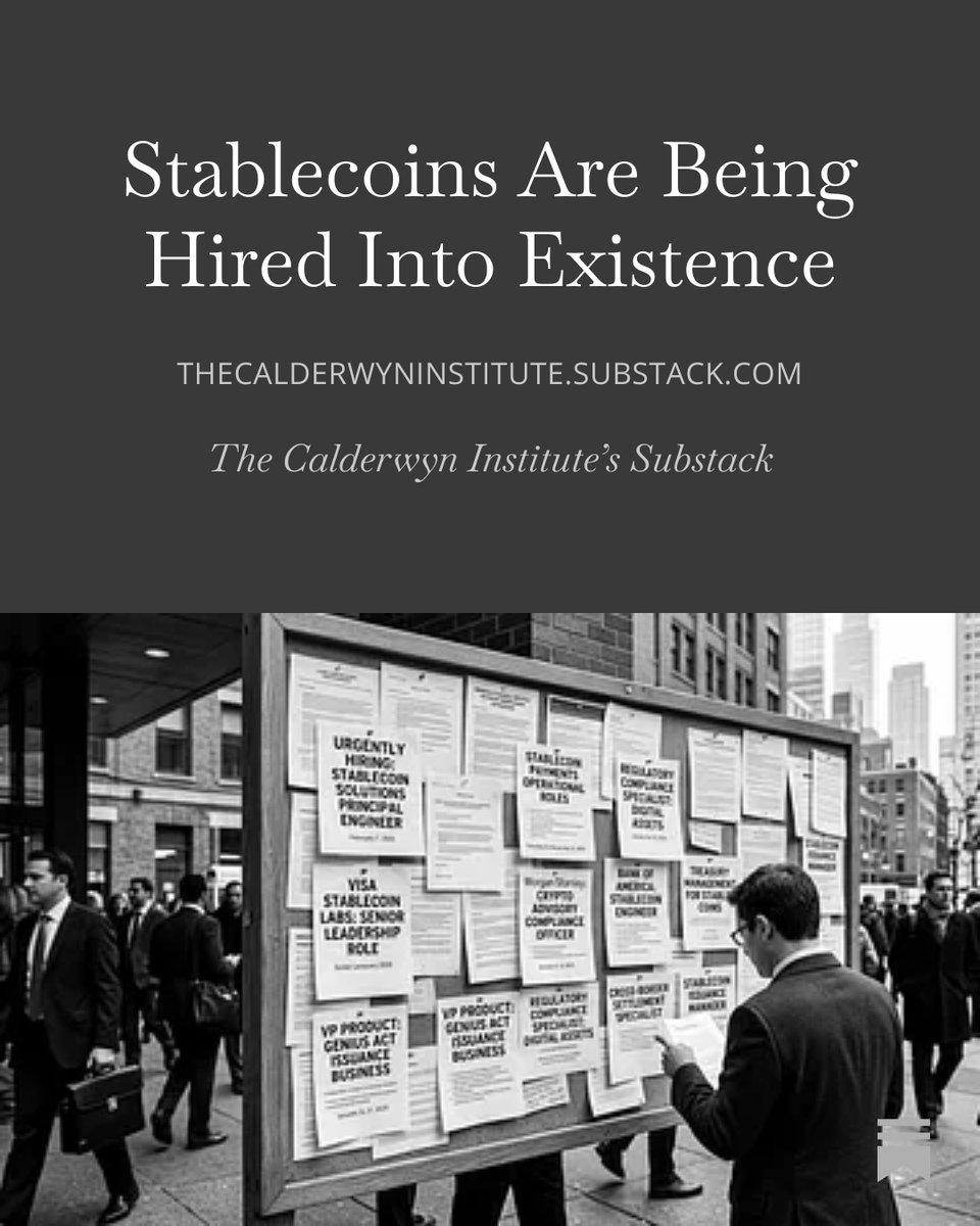 If you want to understand where stablecoins are going, stop reading strategy decks.

Look at hiring.

<a href="/jpmorgan/">J.P. Morgan</a> <a href="/MorganStanley/">Morgan Stanley</a> <a href="/BankofAmerica/">Bank of America</a> <a href="/Visa/">Visa</a> <a href="/stripe/">Stripe</a> <a href="/Anchorage/">Anchorage Digital ⚓️</a> <a href="/SECGov/">U.S. Securities and Exchange Commission</a> <a href="/USTreasury/">Treasury Department</a>  all staffing real roles tied to payments, treasury, and compliance.

This is no longer