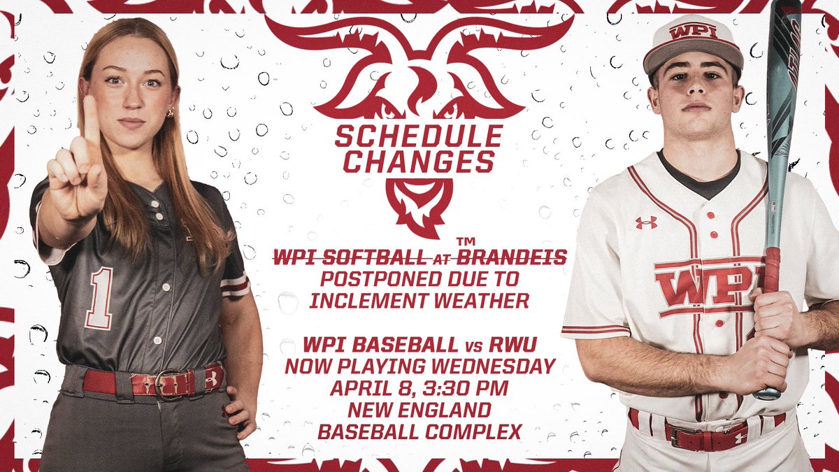 WPIAthletics's tweet photo. 🔴SCHEDULE CHANGES🔴

Today's @WPISoftball doubleheader at Brandeis has been rescheduled to tomorrow at 3:30pm!

@WPIBaseball will now host Roger Williams tomorrow at 3:30pm at the @NEBComplex! 

Read for more ⤵️
📰-https://t.co/LxHE441n3o

🥎⚾️x🐐
#GoatNation #d3sb #d3bsb https://t.co/VTPYriiR1r