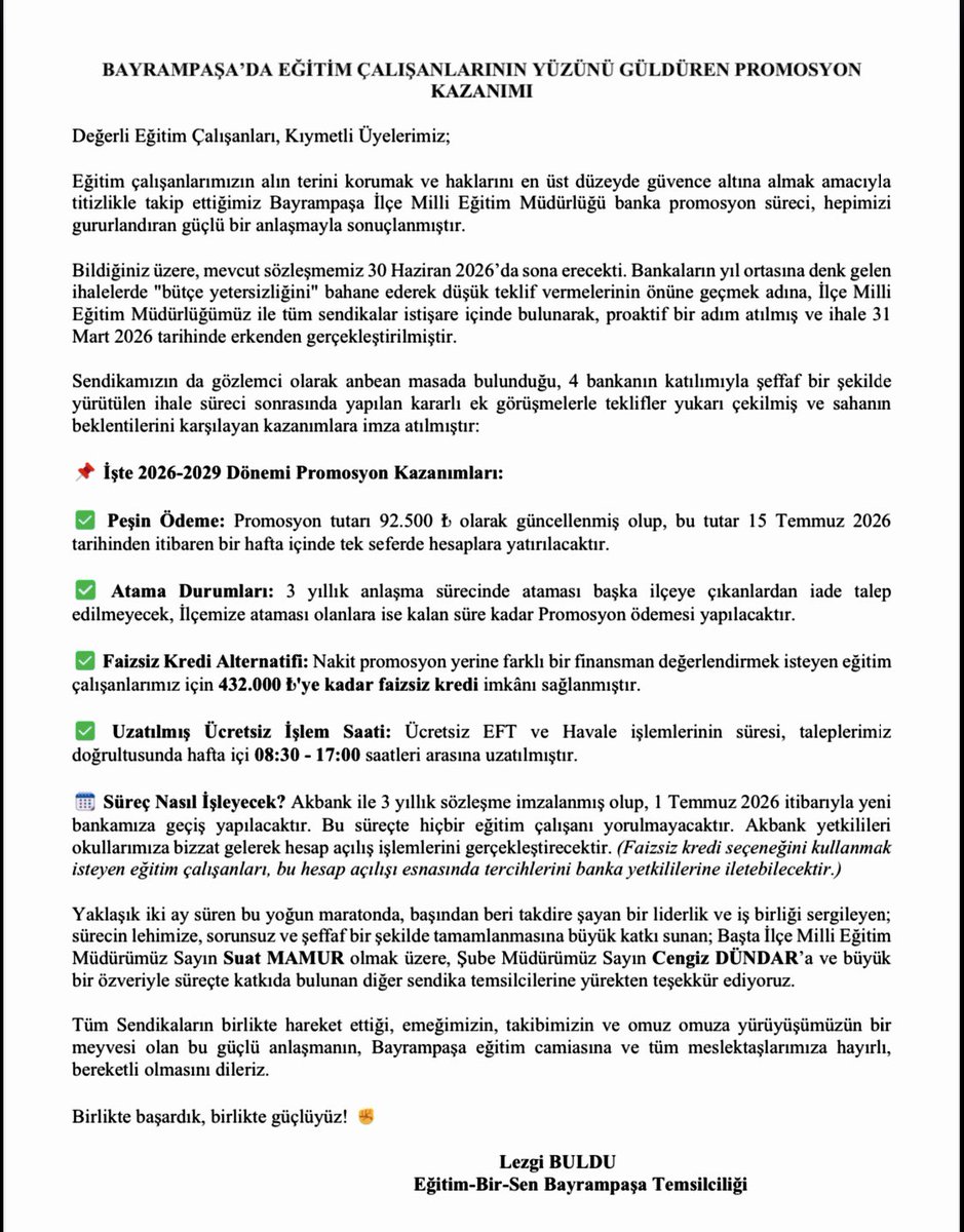 EBS_Bayrampasa's tweet photo. 📢 BAYRAMPAŞA’DA EĞİTİM ÇALIŞANLARININ YÜZÜNÜ GÜLDÜREN PROMOSYON KAZANIMI! 🎉 https://t.co/WeM8eEp6Tq