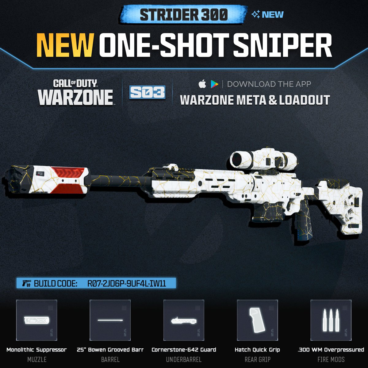 WZStatsGG's tweet image. ‼️🚨 NEW ONE-SHOT META SNIPER 🚨‼️

🆕 The new STRIDER 300 is an Excellent addition to the #Warzone Sniper Meta! 🔥

💀 1 Headshot at all ranges with this barrel
📈 High Velocity [1331 m/s] ⚡
✅ ADS Speed: 590ms
🔻 Highest Recoil 1-Shot Sniper

Great Sniper but HAWKER still #1!