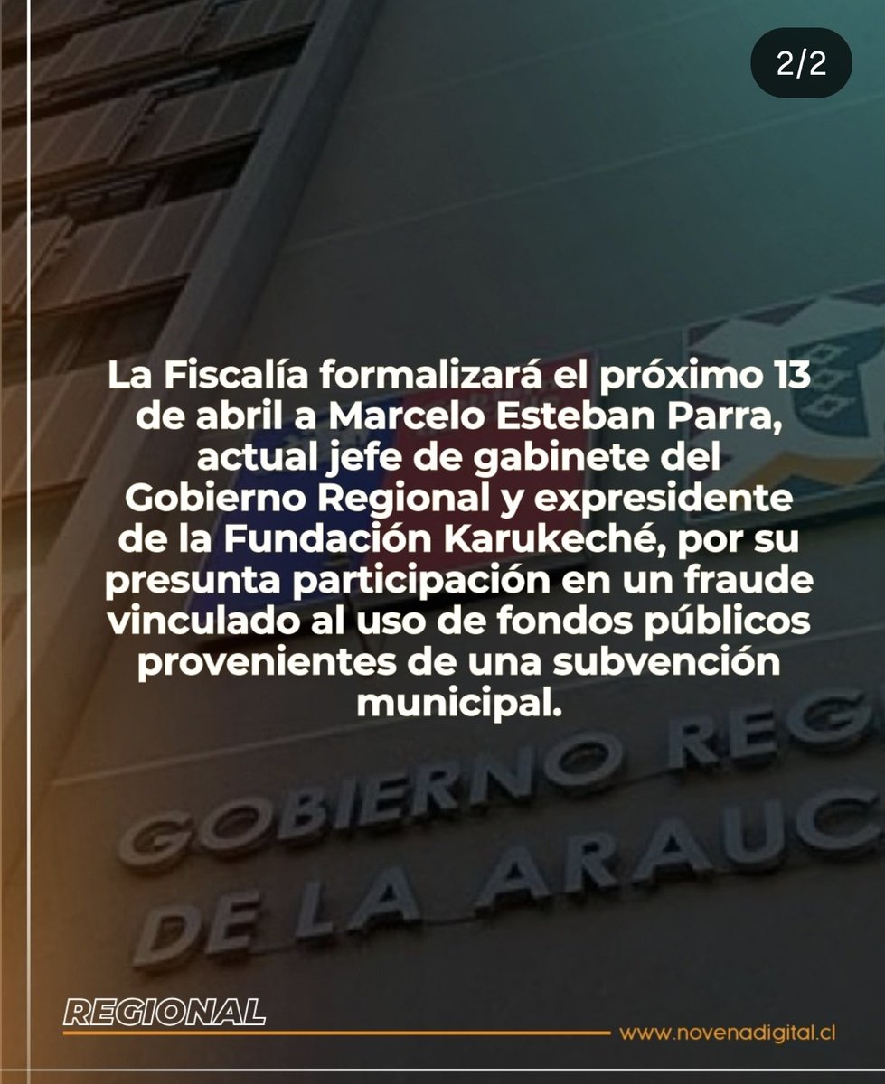 ⚠️⚠️Un nuevo antecedente sacude el escenario político en La Aracanía y golpea directamente al entorno del gobernador René Saffirio.
La Fiscalía formalizará el próximo 13 de abril a Marcelo Esteban Parra, actual jefe de gabinete del Gobierno Regional y expresidente de la Fundación