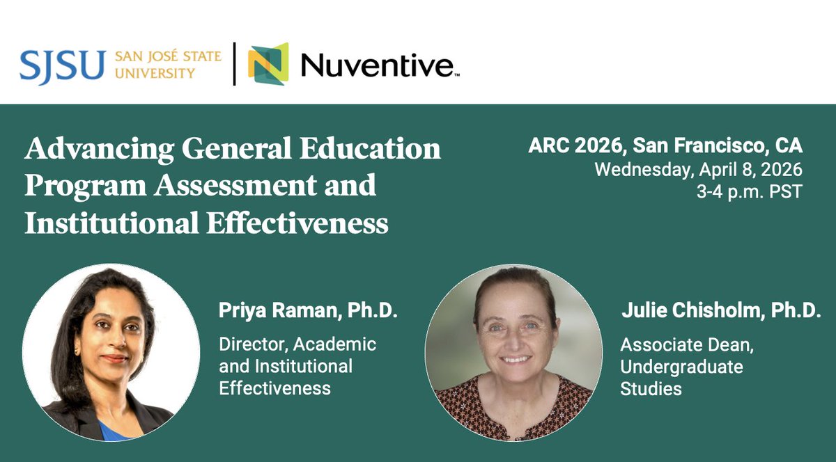 Nuventive_'s tweet photo. #ARC2026 session spotlight: San José State University shares how Canvas-based outcomes + the Nuventive Improvement Platform advance general education assessment and institutional effectiveness. 
📍San Francisco | Apr 8, 3 PM Find Nuventive @ Booth #1 https://t.co/TPIqHLQryE
@SJSU https://t.co/KWLWYRA3Rp