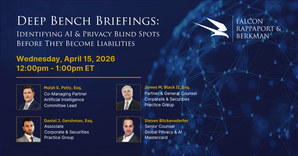 frblaw's tweet image. Are hidden AI and privacy gaps putting your organization at risk? Join FRB's “Identifying AI &amp;amp; Privacy Blind Spots Before They Become Liabilities," the next session in our #DeepBenchBriefings series. Learn more and register: frblaw.zoom.us/webinar/regist… #PrivacyPolicy #AI