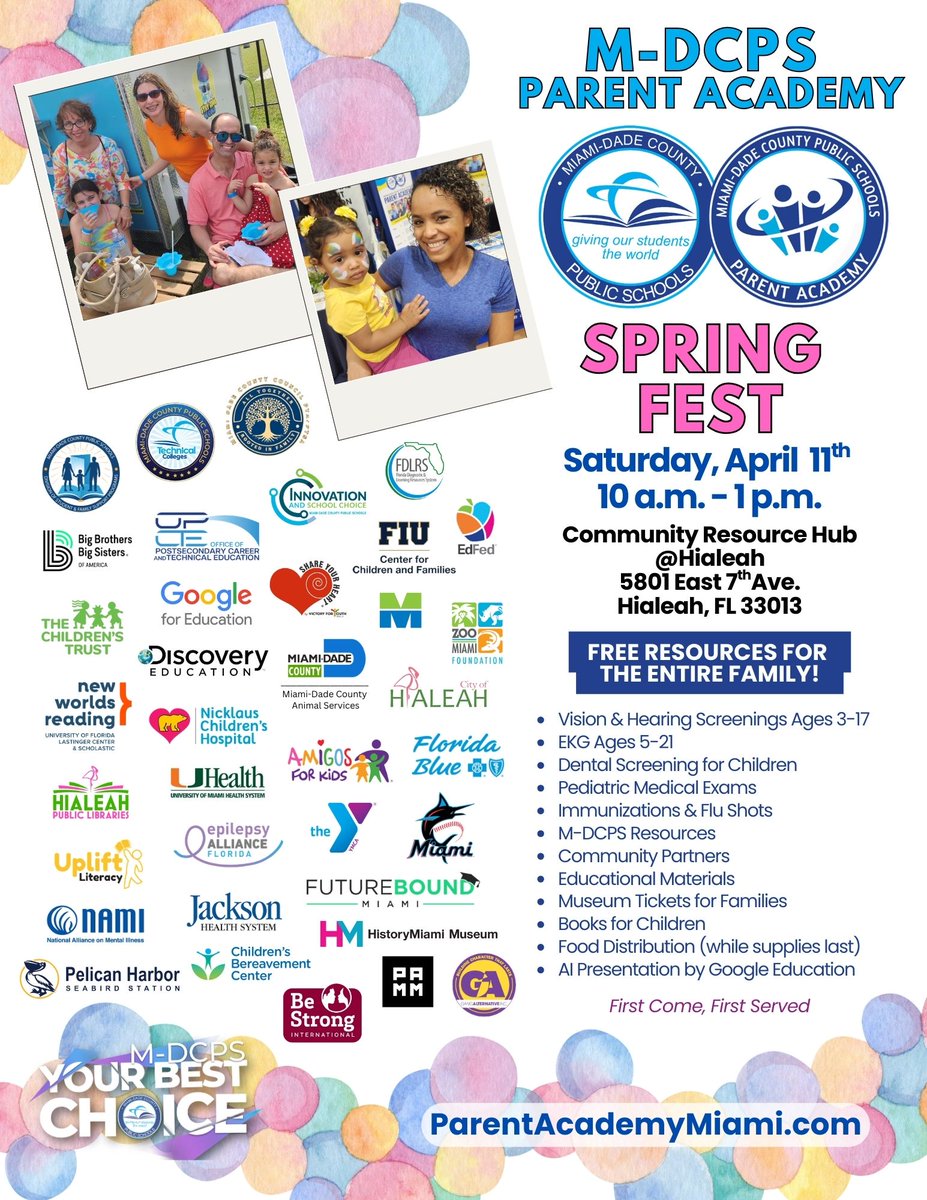 MDCPSTechCollgs's tweet photo. This Saturday = Family Fun + FREE Resources! 🎉
Join @ParentAcadMiami at Spring Fest for health screenings, community support, and more! 🤝🩺📚
#YourBestChoiceMDCPS https://t.co/SSd7oeWeL5